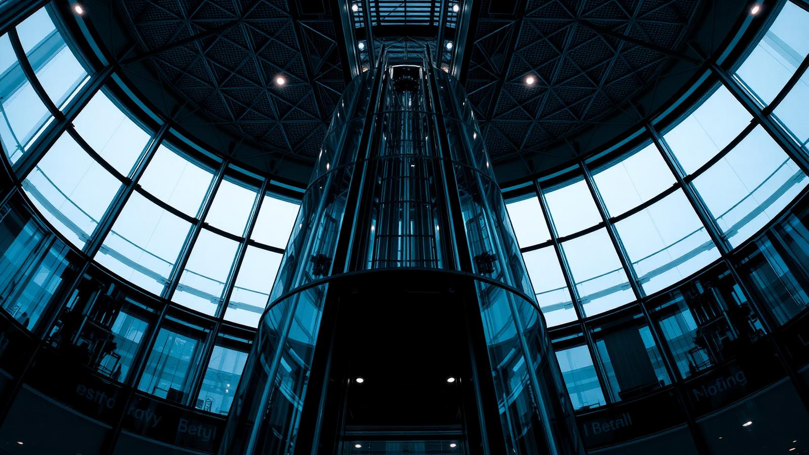 Glass panoramic elevator rising through the atrium of a modern building