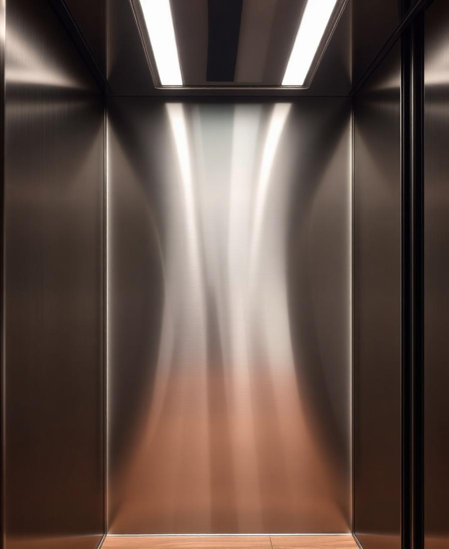 Elevator cabin with brushed stainless steel panels and LED ceiling