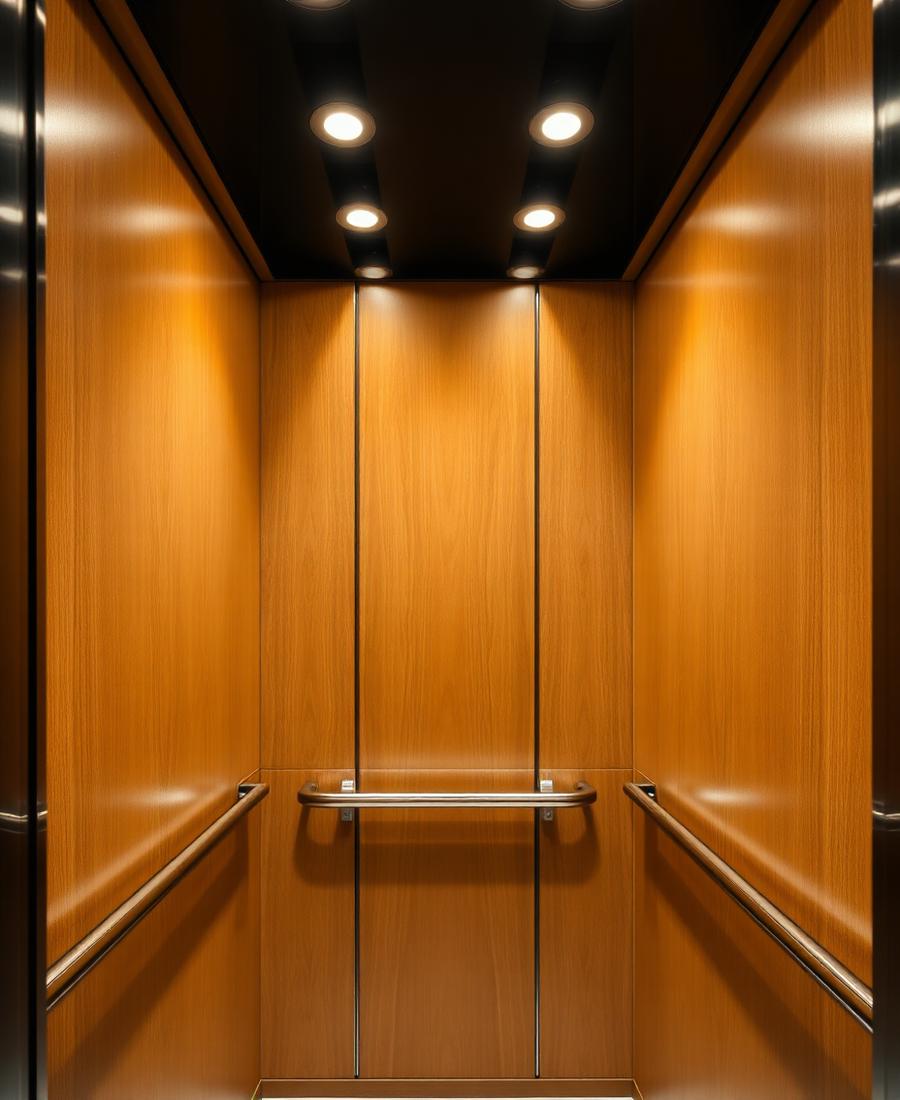 Elevator cabin with oak wood panelling and stainless handrail