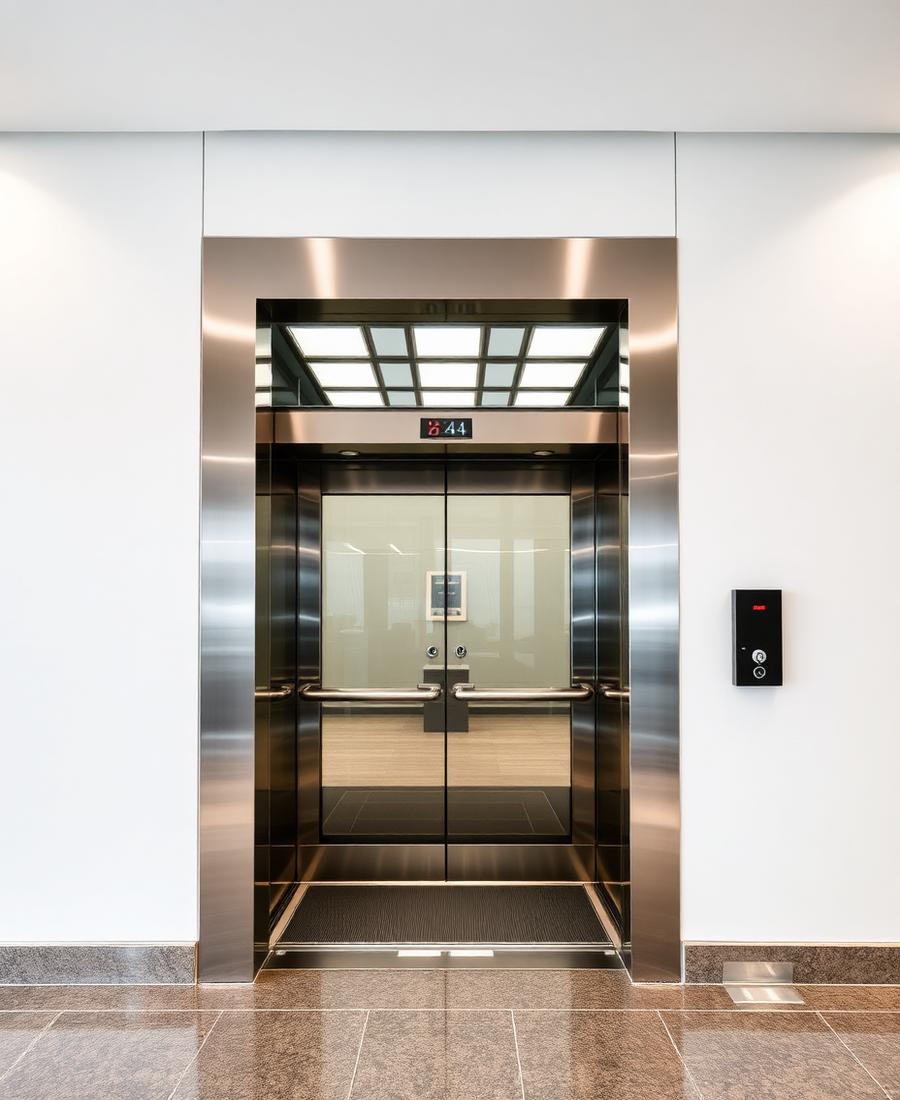 Automatic stainless steel elevator doors at a hospital landing