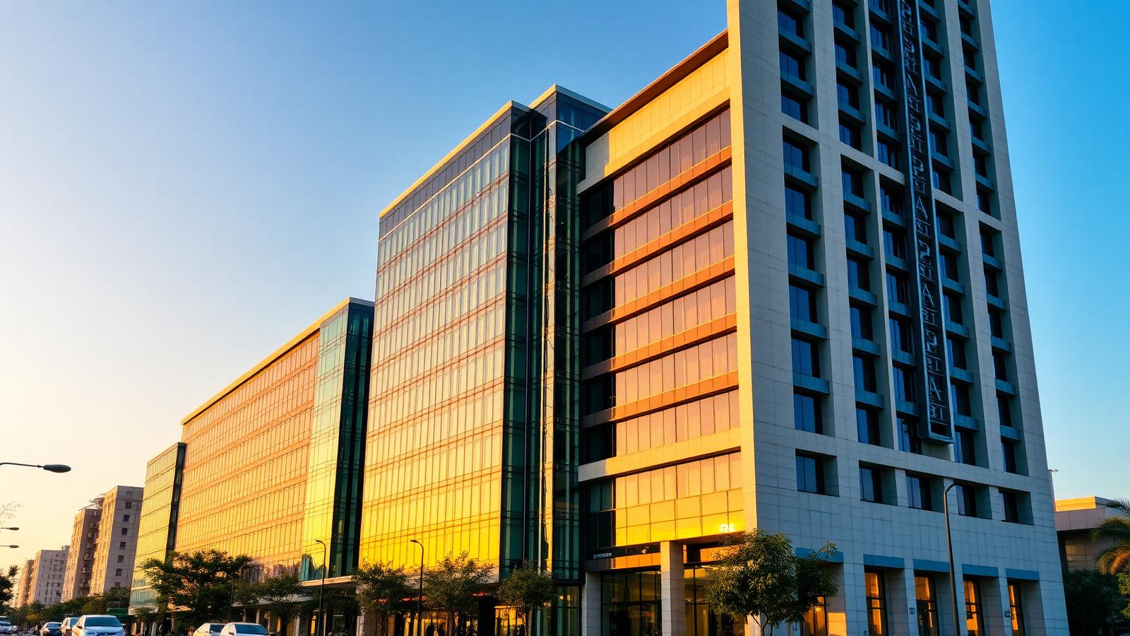 Modern commercial building exterior at golden hour