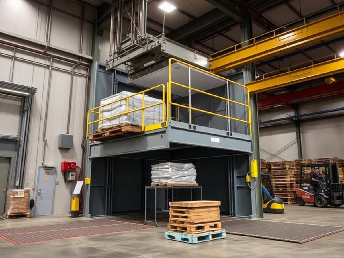 Industrial goods lift platform loaded with pallets in a warehouse