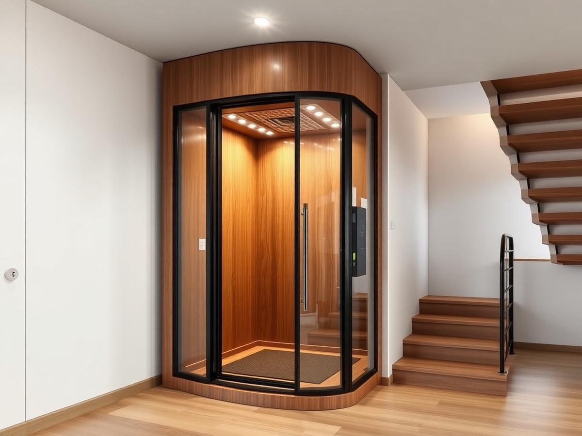 Home elevator with glass doors and wood interior installed next to a staircase