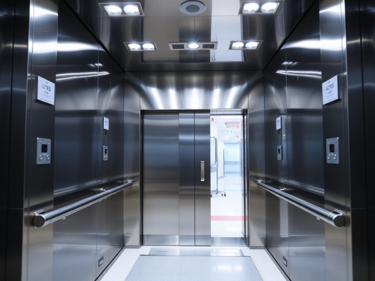 Hospital elevator interior with wide stainless steel cabin and handrails