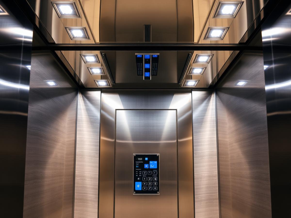 Passenger elevator cabin interior in stainless steel with touch control panel