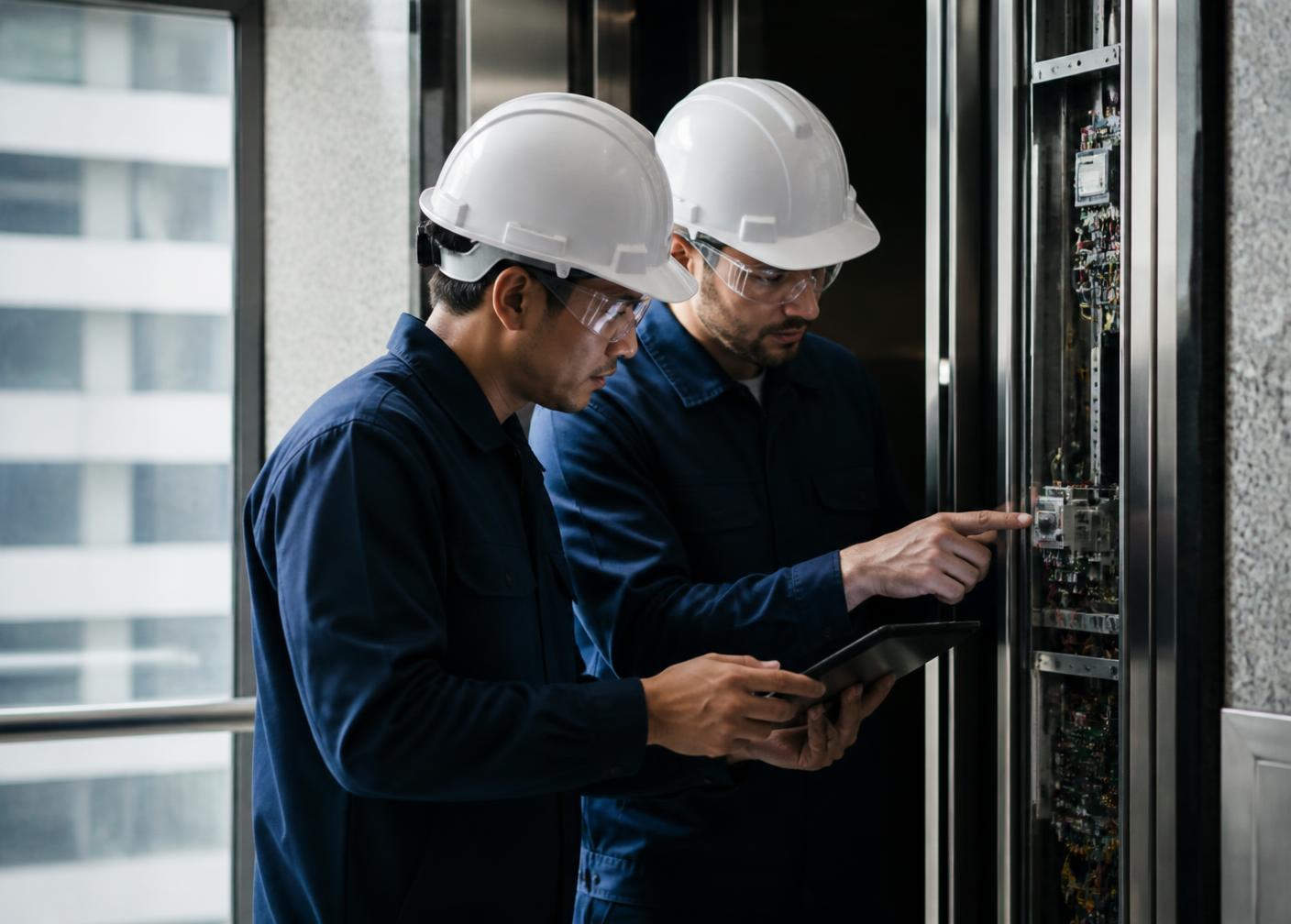 Level Up Lifts engineers inspecting an elevator control panel during a service visit