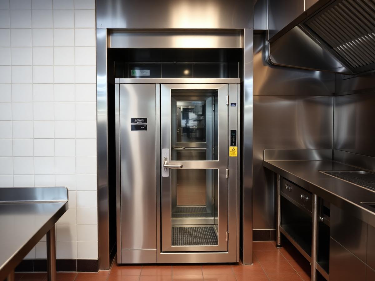 Stainless steel service lift installed in a commercial kitchen